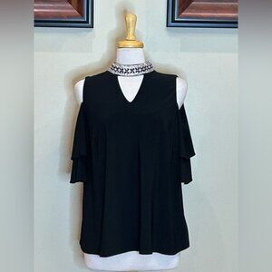 Roz & Ali | Size 1X Embellished Collar Black Cold Shoulder Blouse